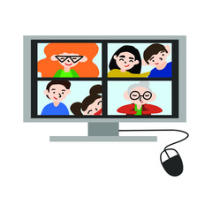 Family distance chat with relatives. Little daughter with father, cute couple and business lady in family chat with granny.