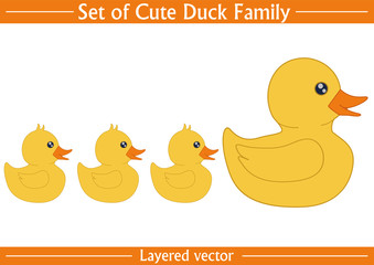Set of cute duck family vector. Mother and baby ducks on isolated white background. Hand-drawn design, layered Eps 10 file format.