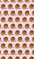 Coffee pattern. Modern design for cafes and restaurants. Coffee mug with a hard shadow on a light pink background. Seamless texture. A large cup of black coffee