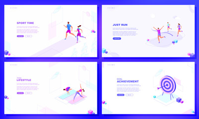 Trendy flat illustration. Set of web page concepts. Just run. Yoga lifestyle. Sport time. Goal achievement. Template for your design works. Vector graphics.