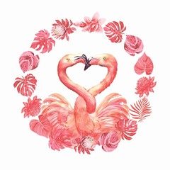 Watercolor decorative illustration of pink flamingos with tropical flowers, cute couple of flamingos, tropical frame.