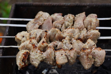 Close up of toasted shashlik on skewers. Succulent barbecue roasting on chargrill. Concept of picnic outdoor.