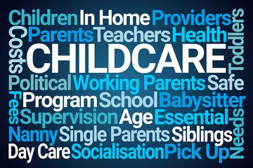 Childcare Word Cloud on Blue Background