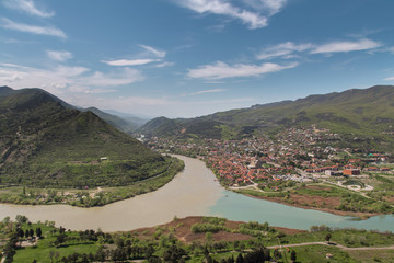 Panoramic view on confluence of Aragvi and Kura rivers near ancient town of Mtskheta, Georgia