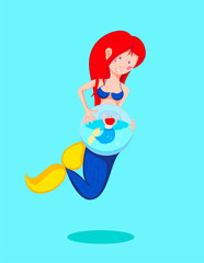 Pregnant mermaid with an aquarium with a baby inside at the site of the abdomen. Vector illustration