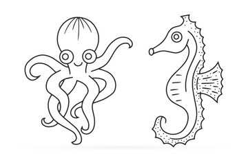 Outline underwater animal isolated on white. Octopus, seahorse. Sketch hand drawing art line. Coloring page book. Outline sea life. Vector stock illustration