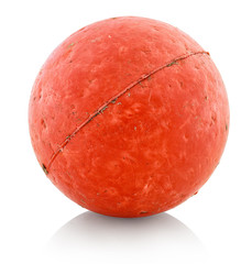 Used solid rubber dog ball. For biting, chewing, training and playing. Isolated on white reflective...
