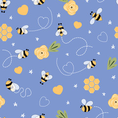 Kids bee seamless pattern in violet background Cute cartoon doodle bees, flowers, honey, hearts lovely lilac print