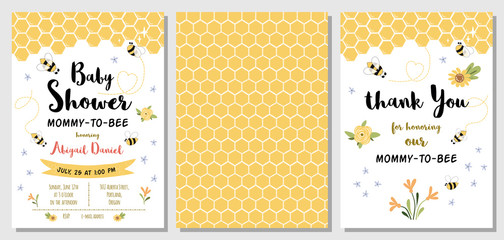Bee Baby Shower invitation templates set Mommy to bee, sweet, honey, thank you card, yellow pattern banner.