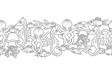 Outline underwater animals seamless border. Octopus, shark, jellyfish, fish, seahorse in water. Sketch hand drawing art line. Coloring page book. Outline sea life. Vector stock illustration. EPS 10