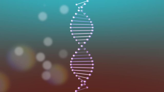 Realistic DNA strand moving on a colourful background.