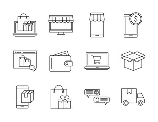 Shopping online line style icon set vector design