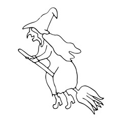 Isolated hand drawn vector illustration of  witch on broom in doodle style. Black and White. Halloween's and birthdays element for party, poster, invitation, any design.