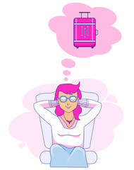 Vector drawing of a sitting and dreaming girl about a trip with closed eyes on the background. Pink suitcase cloud
