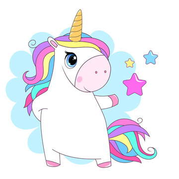 Cute white unicorn with rainbow hair