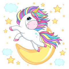 White unicorn with rainbow hair cute vector illustration/magic little pony