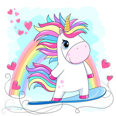 Little white unicorn with rainbow hair and hearts