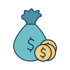 Coins and bag line and fill style icon vector design