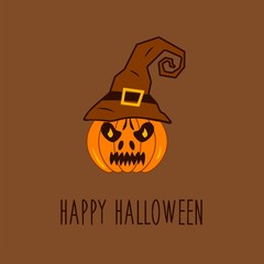 Pumpkin with burning eyes in a hat on a brown background with the inscription Happy Halloween. Colorful vector illustration in cartoon style