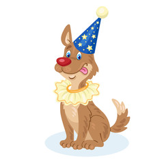 A funny brown dog is sitting in a clown costume. In cartoon style. Isolated on white background. Vector flat illustration.