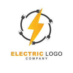 Electric power vector logo design element with plugin shape. Service energy and thunder electricity symbol concept. Lightning bolt sign in the circle. Flash vector emblem template. Power fast speed