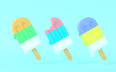 Set of three various colorful popsicles melting on pastel blue backdrop. Bright background of fresh, sweet, juicy ice creams with bitten one. Creative idea of summer concept. Stock 3d rendering