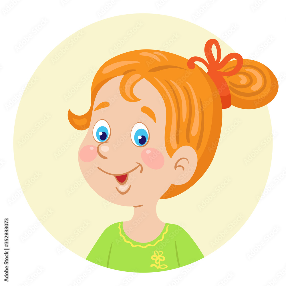 Poster Avatar icon of a red-haired  little girl. Portrait in the circle. In cartoon style. Isolated on white background. Vector flat illustration.