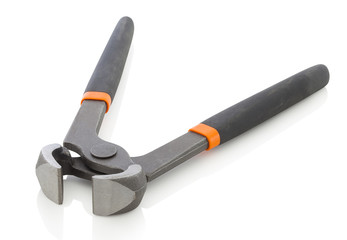 Pincers, tool for removing nails from wood. A useful thing for homeowners. Modern carpenter's pincers on white bg. with clipping (vector) path. Isolated on white background with shadow reflection.