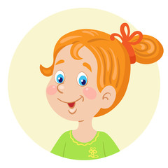 Avatar icon of a red-haired  little girl. Portrait in the circle. In cartoon style. Isolated on white background. Vector flat illustration.