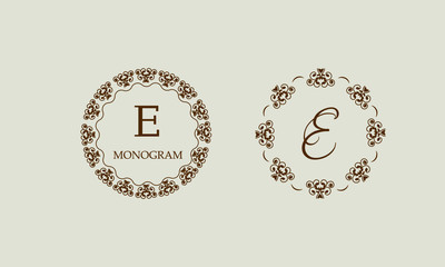 Set of elegant round floral monograms with the letter E brown. Design templates for invitations, menus, labels. Business logo is identical for a restaurant, hotel, heraldry, jewelry.