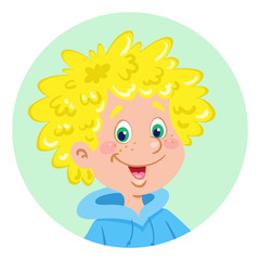 Avatar icon of a blond-haired funny boy. Portrait in the circle. In cartoon style. Isolated on white background. Vector flat illustration.