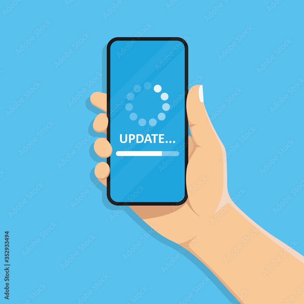 Poster system software update and update concept. download process on the smartphone screen. mobile phone i
