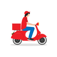 Delivery man riding a red scooter. Food delivery man.