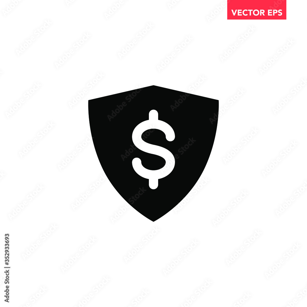 Poster black payment protection shield icon, us dollar shield shape flat design graphic pictogram concept v