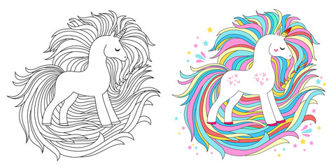 Cute unicorn line and color. Vector illustration for coloring book © SveslaTasla