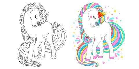 Cute unicorn line and color. Vector illustration for coloring book