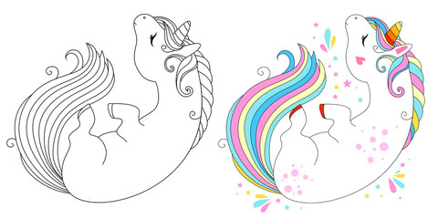 Cute unicorn line and color. Vector illustration for coloring book