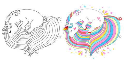 Line and color unicorns vector illustration for coloring book