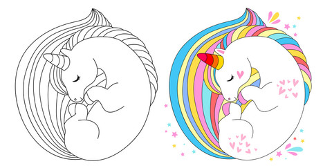 Line and color unicorns vector illustration for coloring book