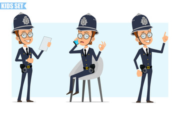 Cartoon flat british policeman boy character in helmet, glasses and uniform. Ready for animation. Kid talking on phone, showing thumbs up and okay sign. Isolated on blue background. Vector icon set.