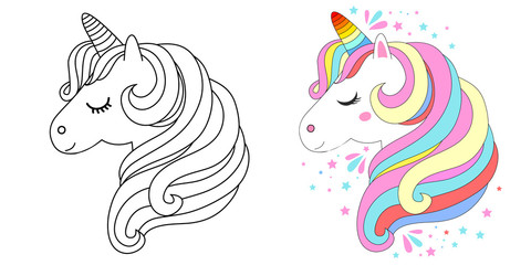 Line and color unicorns vector illustration for coloring book