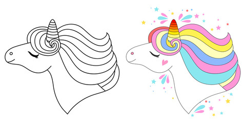 Line and color unicorns vector illustration for coloring book