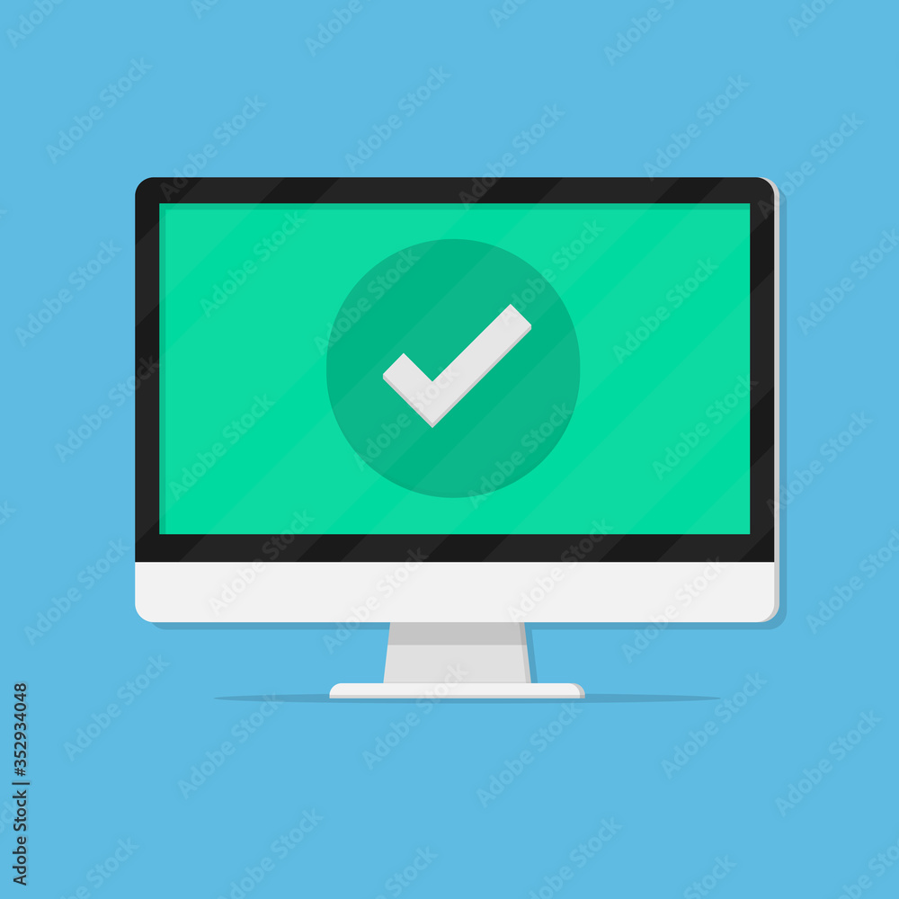 Poster check mark on monitor screen. success tick icon or confirmation notification on monitor display, vec