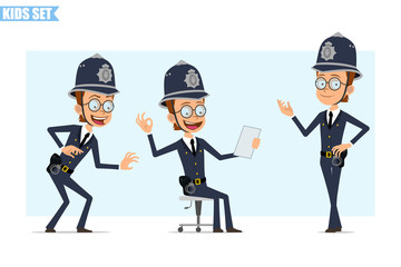 Cartoon flat funny british policeman boy character in helmet, glasses and uniform. Ready for animation. Kid sneaking, reading note and posing for photo. Isolated on blue background. Vector icon set.