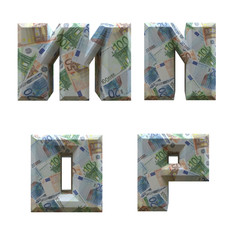 3D alphabet wrapped around with Euro banknotes: letters M-P on white background