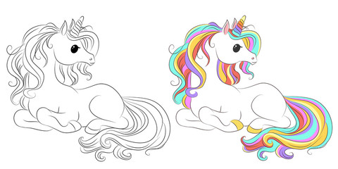 Cute unicorn line and color. Vector illustration for coloring book