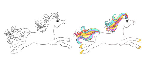 Fototapeta na wymiar Cute unicorn line and color. Vector illustration for coloring book