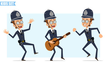 Cartoon flat funny british policeman boy character in helmet, glasses and uniform. Ready for animation. Kid dancing, singing and playing on guitar. Isolated on blue background. Vector icon set.