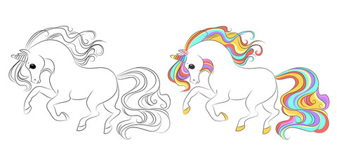 Cute unicorn line and color. Vector illustration for coloring book