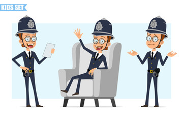 Cartoon flat funny british policeman boy character in helmet, glasses and uniform. Ready for animation. Happy kid resting on sofa and holding note. Isolated on blue background. Vector icon set.